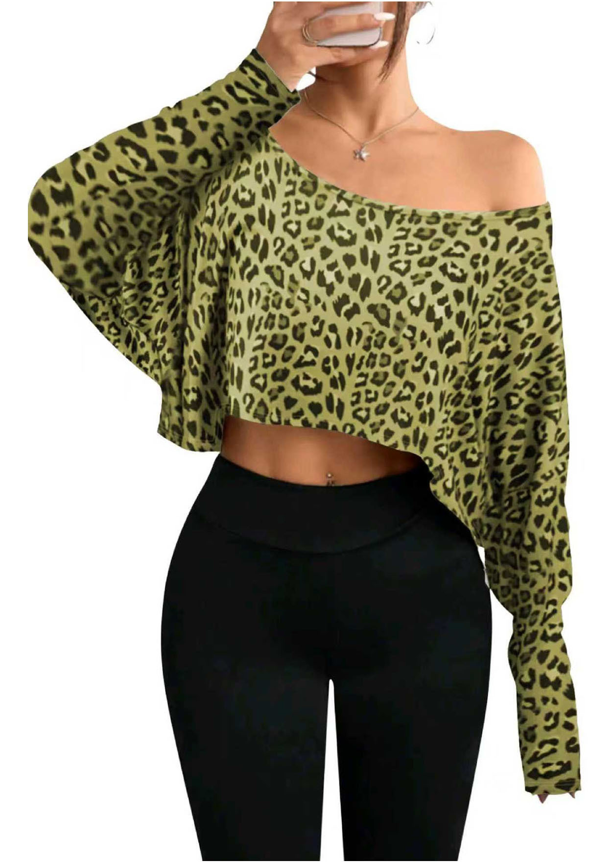 Women's One-Shoulder Leopard Print Long-Sleeve Cropped Top