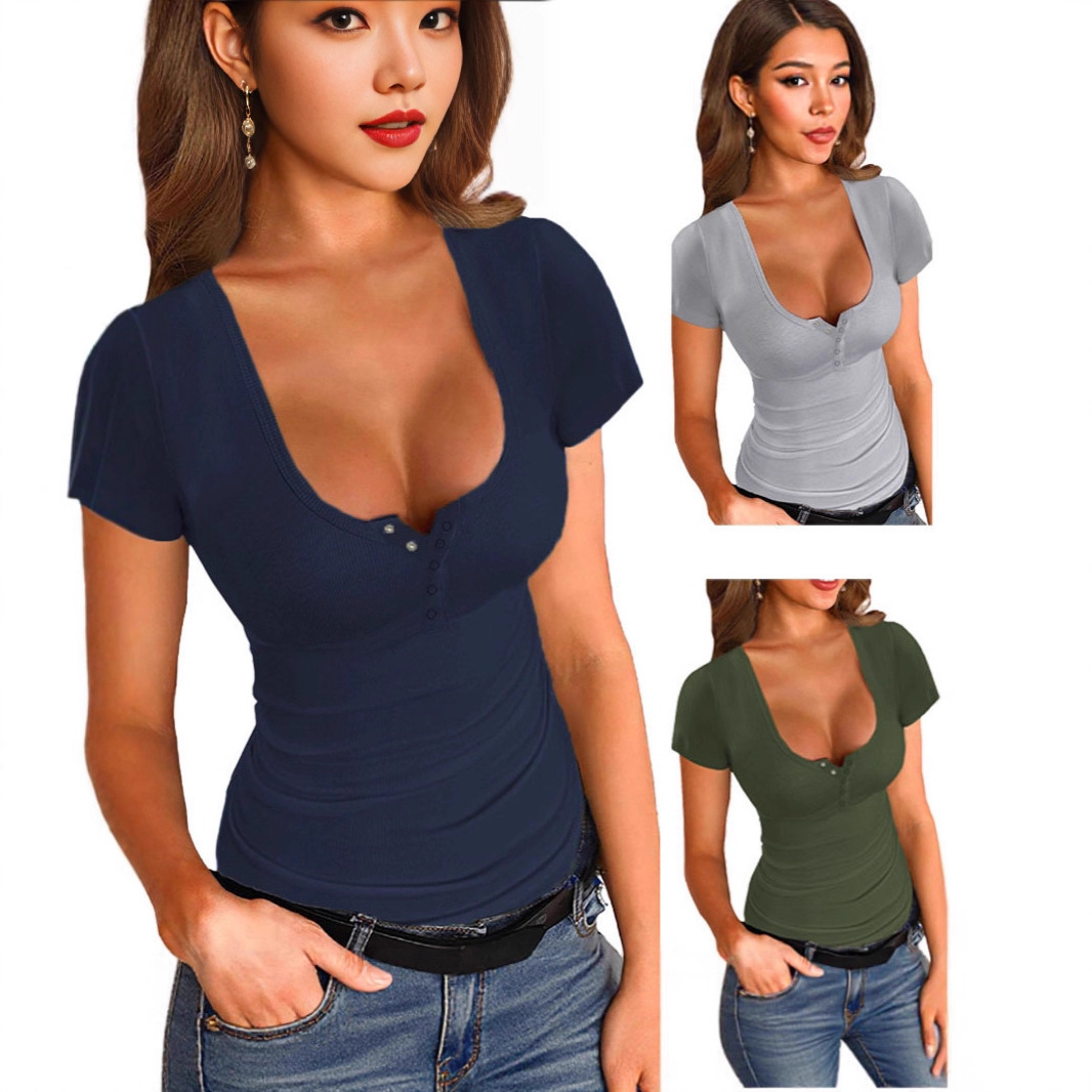 Women's Solid U-Neck Slim Short-Sleeve T-Shirt