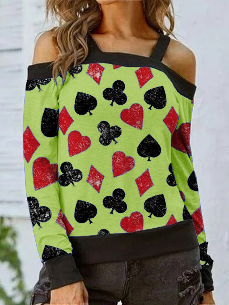 Women's Off-Shoulder Printed Long-Sleeve T-Shirt Casual Sexy Top