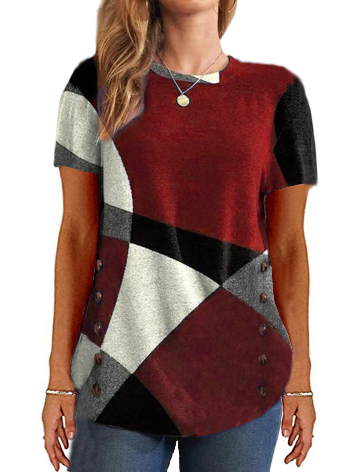 Button Geometric Colorblock Long Sleeve Print Loose T-Shirt Women's Top