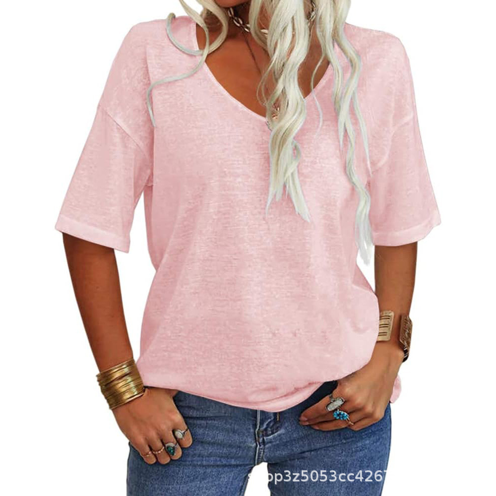 Women's V-Neck Short Sleeve Loose Fit T-Shirt Casual Solid Color Basic Top