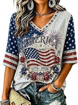 Women's American Flag Firework Print V-Neck Short Sleeve T-Shirt