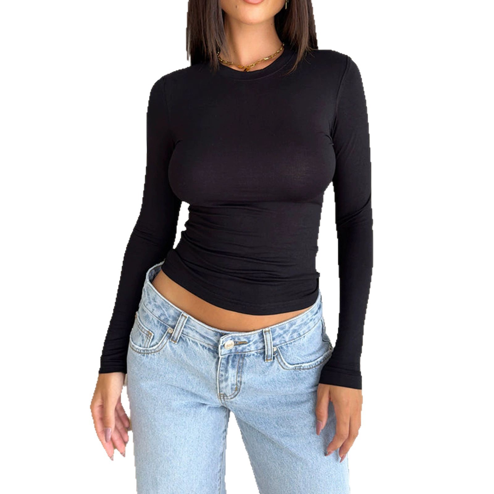 Women's Y2K Solid Color Slim Fit Long Sleeve Crew Neck T-Shirt