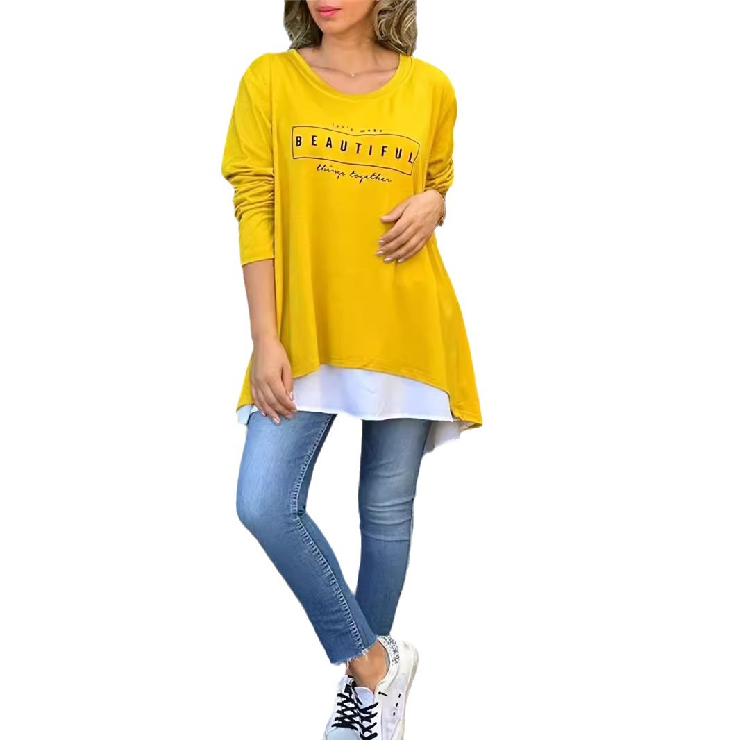 Women's Round Neck Faux Two-Piece Back Button Letter Long Sleeve Top