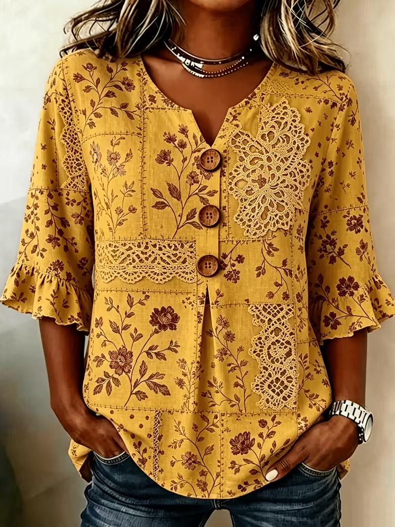 Retro Floral Print Short Sleeve Button-Up Top