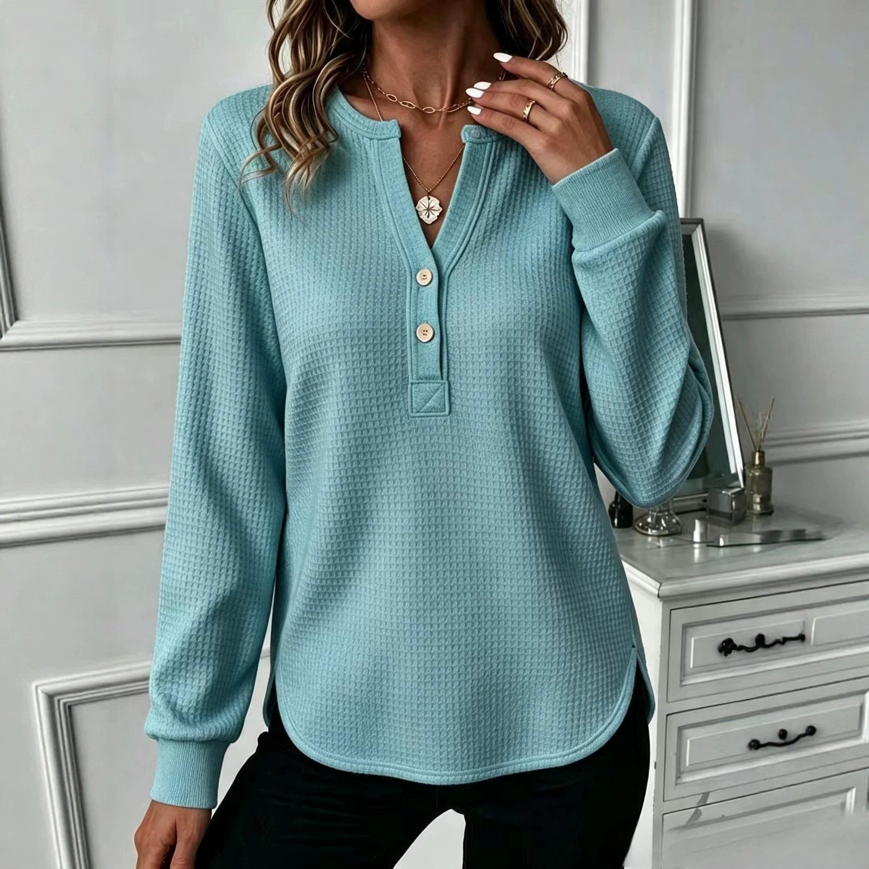 Waffle Knit V-Neck Button Loose Fit Long Sleeve Top