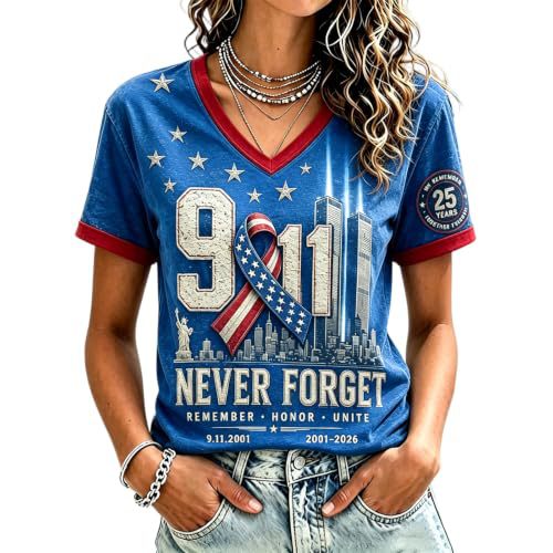 Twin Towers Anniversary Print V-Neck Short Sleeve Women's T-Shirt