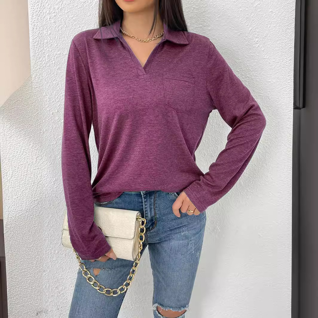 Women's Long Sleeve Solid Color Collared Loose Pocket T-Shirt