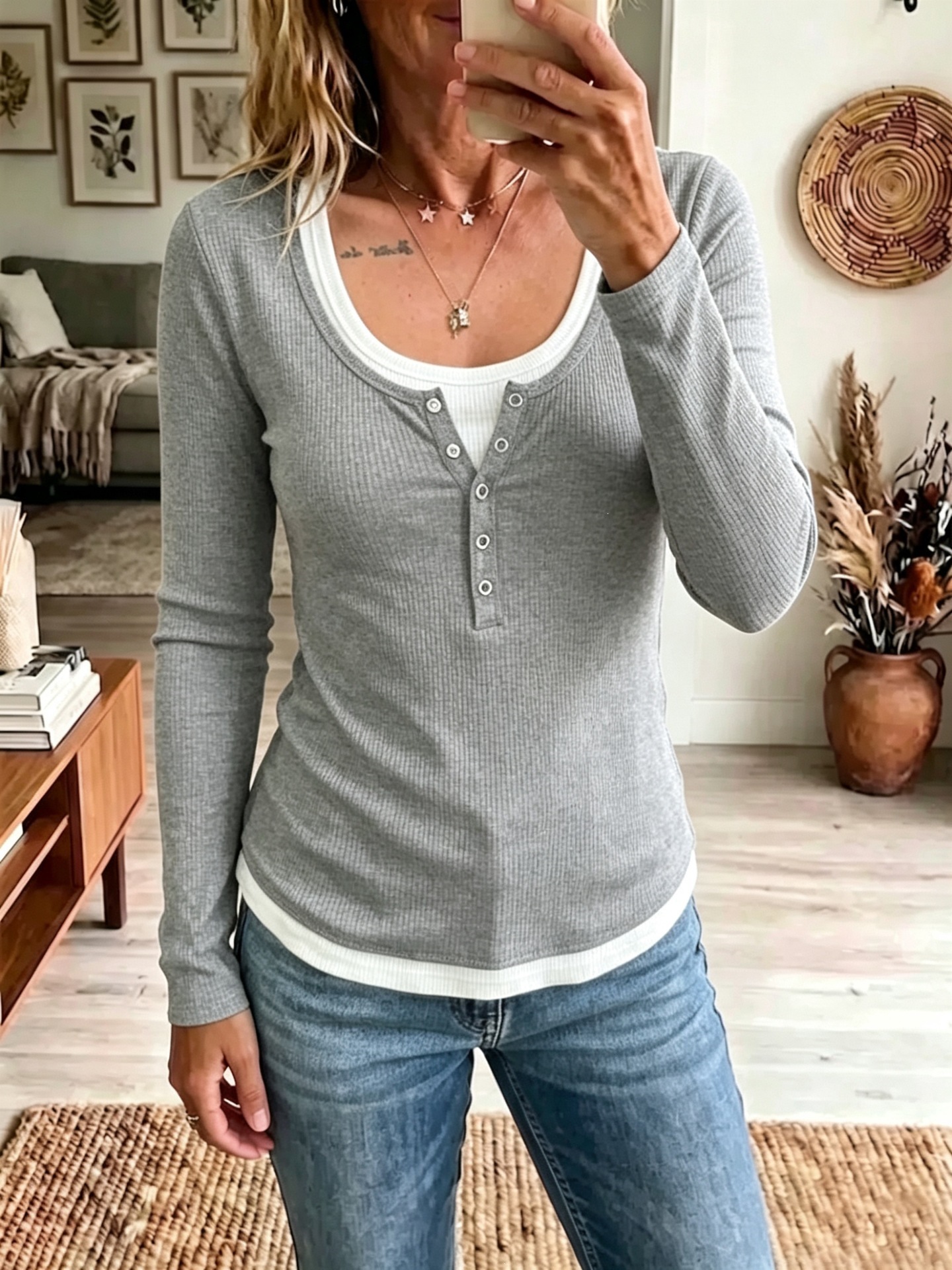 Women's Color-Block Faux-Layer Slim Long-Sleeve T-Shirt