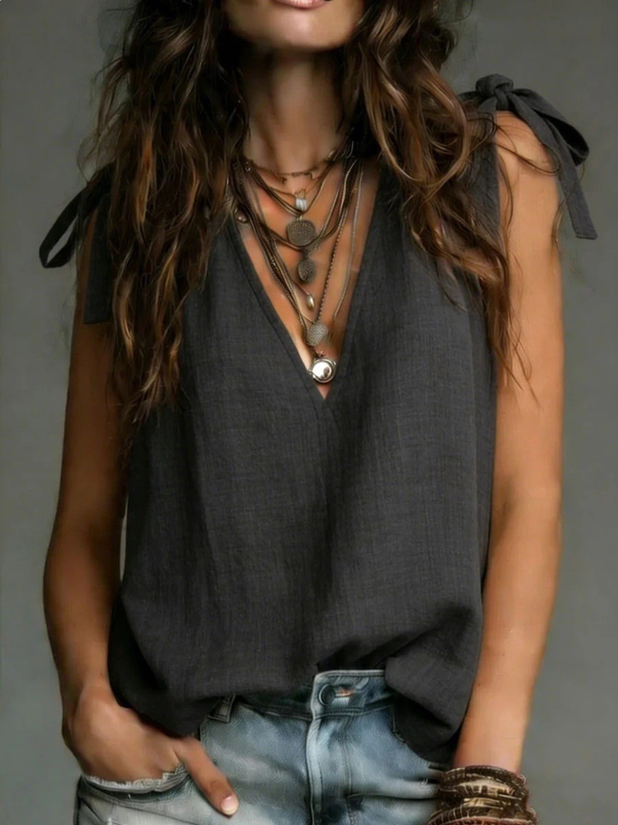 Women's V-Neck Tie-Front Sleeveless Solid Top