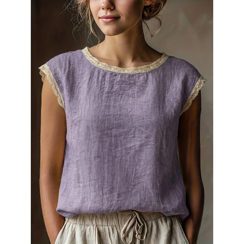 Women's Loose Linen-Blend Round Neck Lace-Trim Sleeveless Shirt