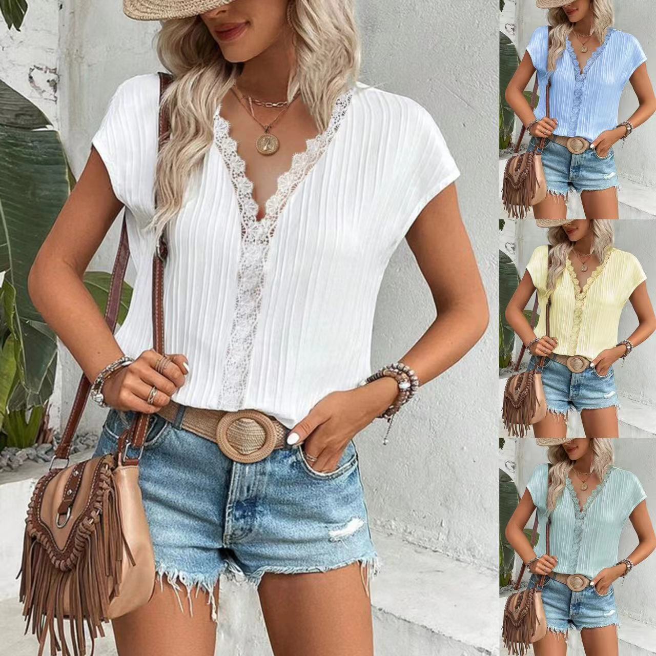 Women's V-Neck Lace Trim Short Sleeve Top
