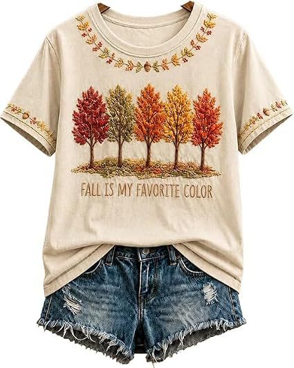 Summer Tree Letter Maple Leaf Print Short Sleeve T-Shirt