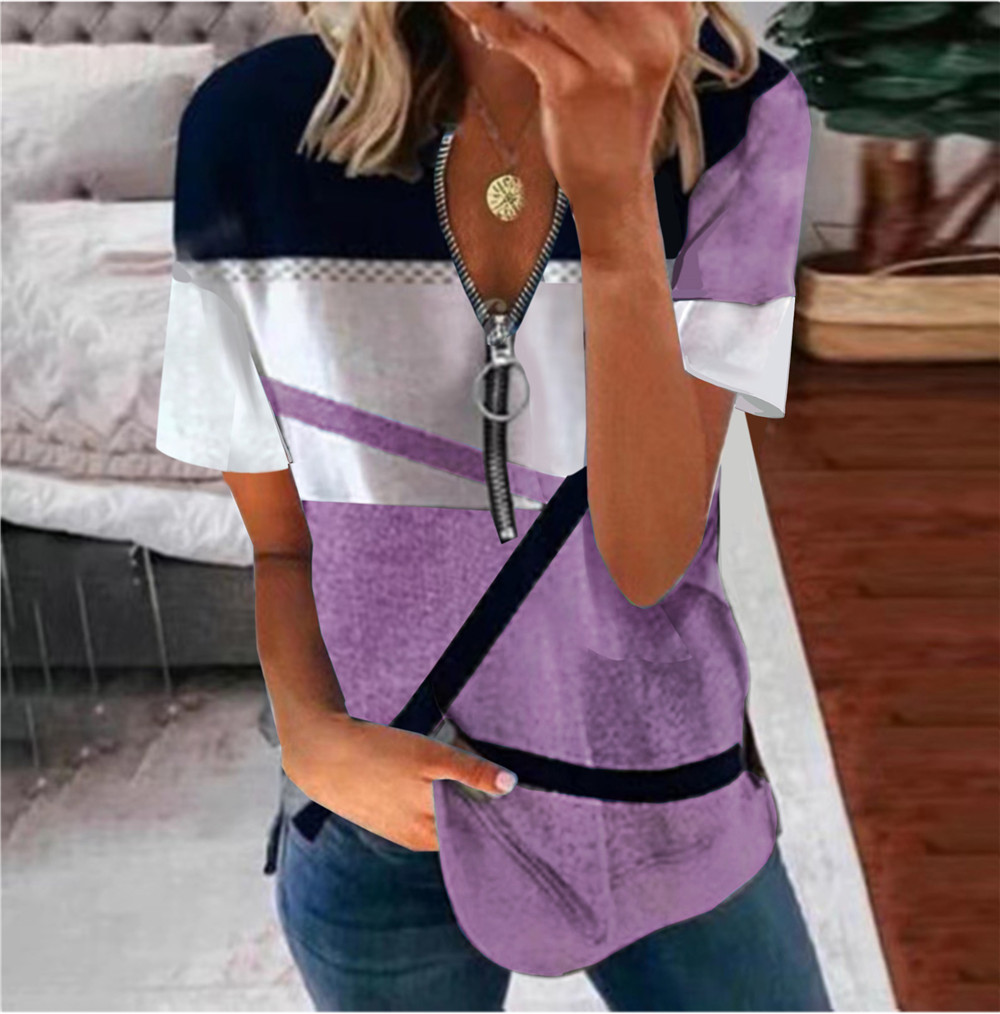 Women's Zip Print Loose Short Sleeve V-Neck T-Shirt