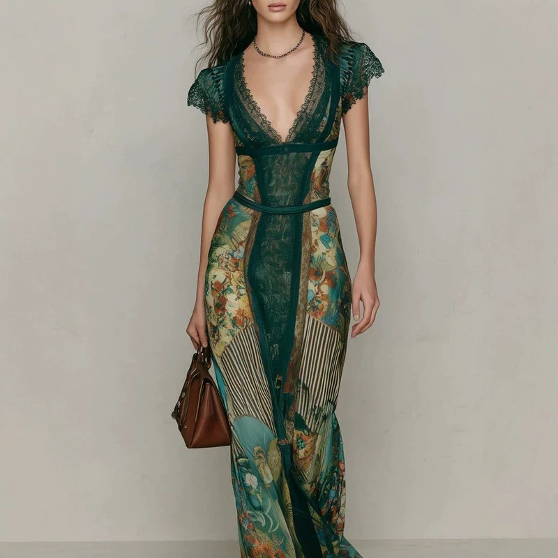 Vintage Dark Green Lace V-Neck Short Sleeve Oil Painting Print Mermaid Maxi Dress