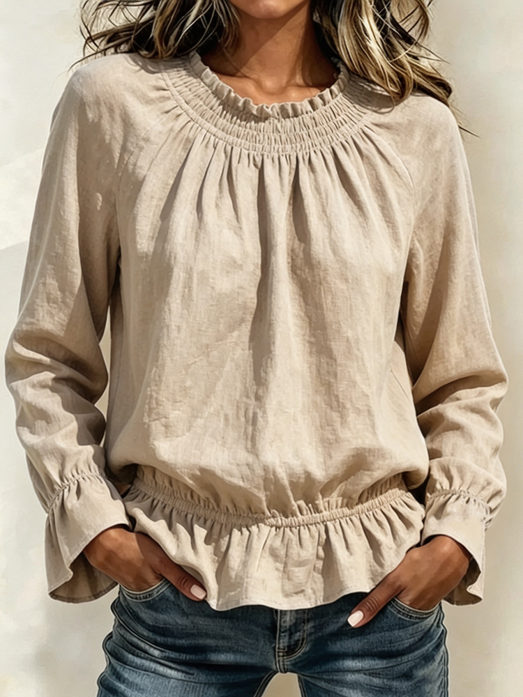 Women's Casual Crewneck Long-Sleeve Ruffle Solid Color T-Shirt