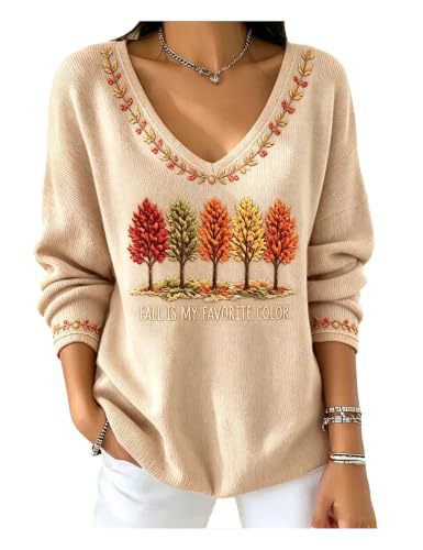 Women's V-Neck Long Sleeve T-Shirt with Tree Maple Leaf Print