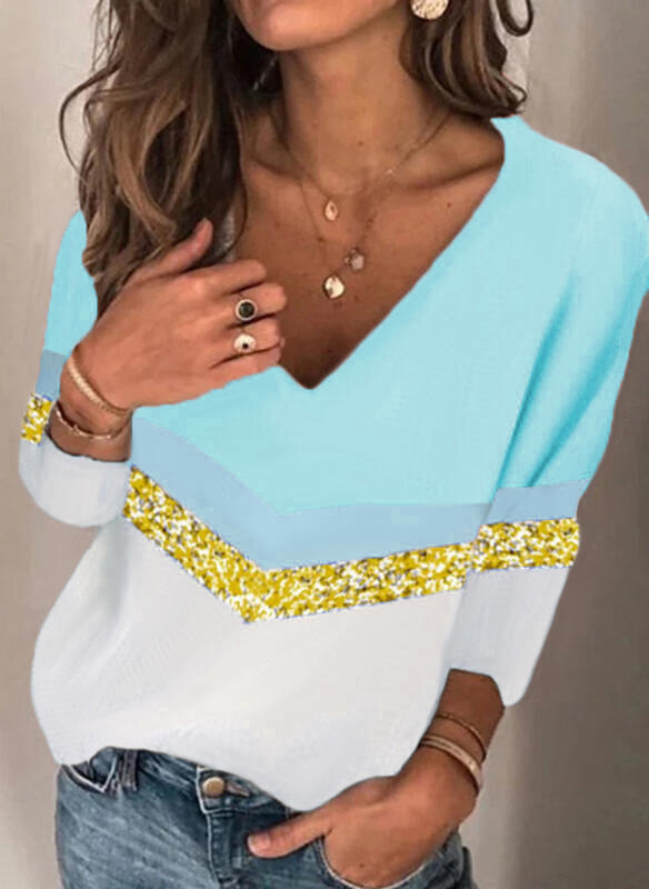Women's Loose Fit Printed V-Neck Long Sleeve T-Shirt