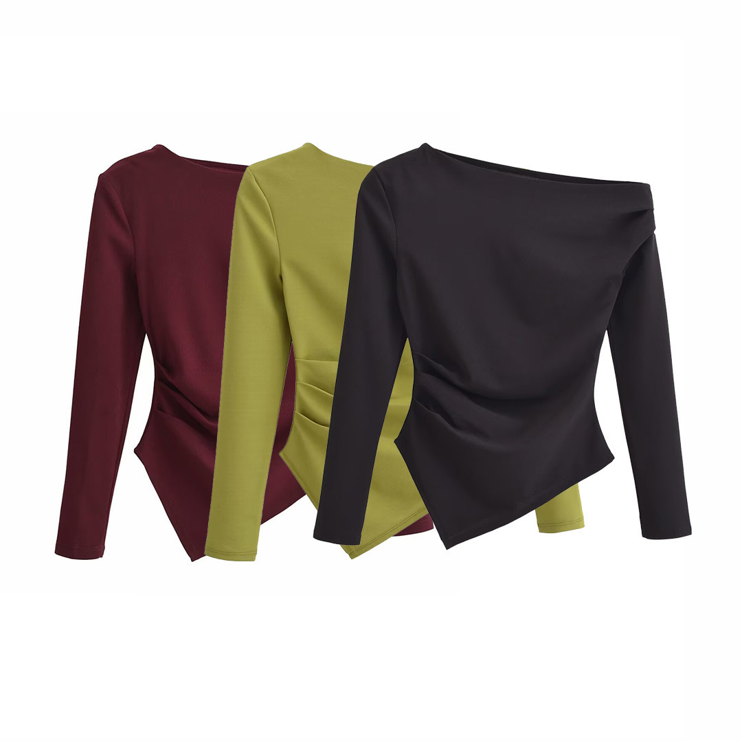 Women's Asymmetric Stretch Top – One-Shoulder Long Sleeve, Solid Color, Versatile