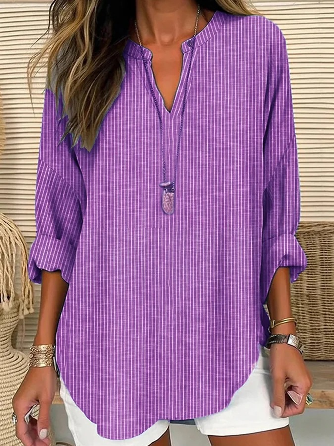 Women's Solid Print V-Neck Long Sleeve T-Shirt