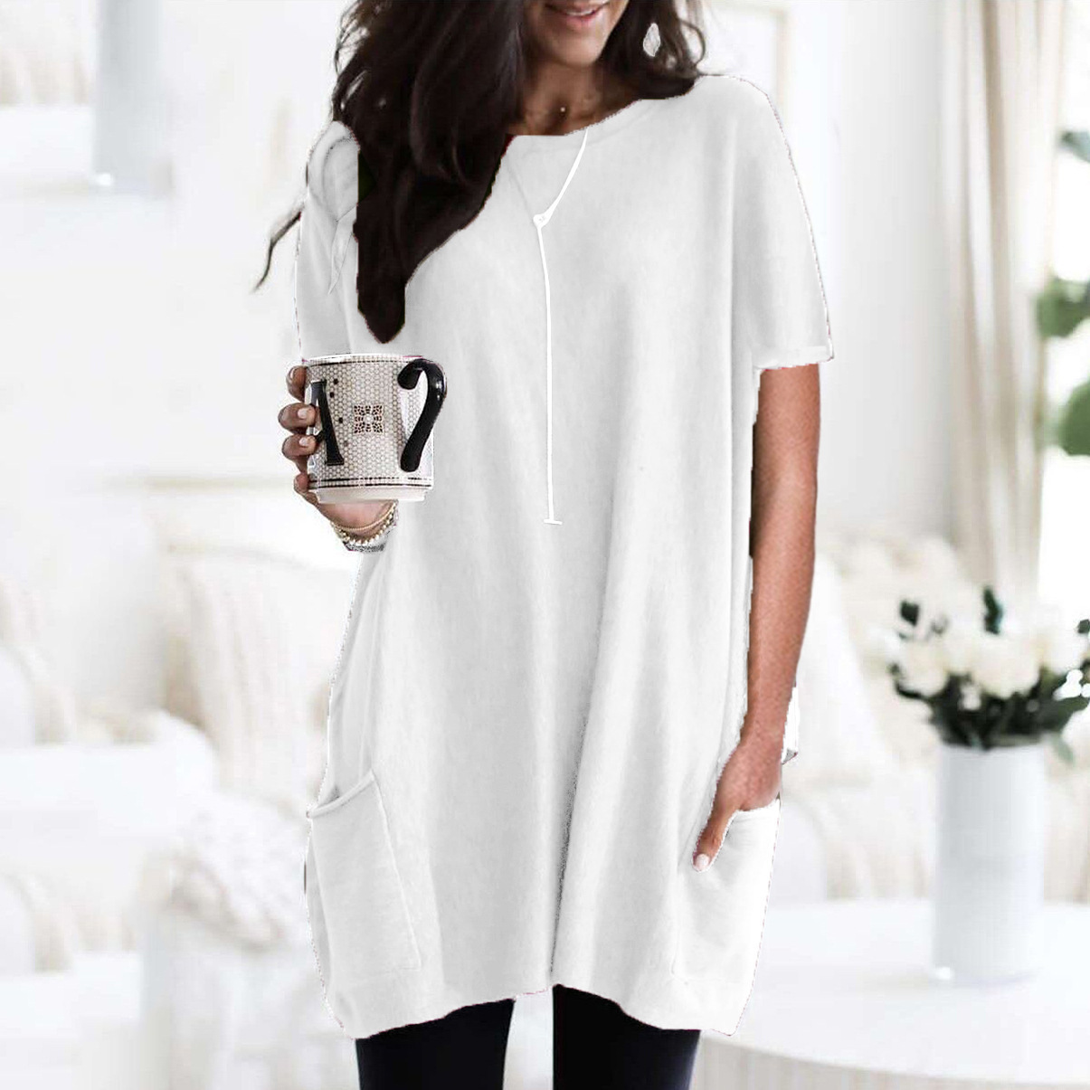 Women's Long Sleeve Pocket T-Shirt Casual Loose Fit Crew Neck Top