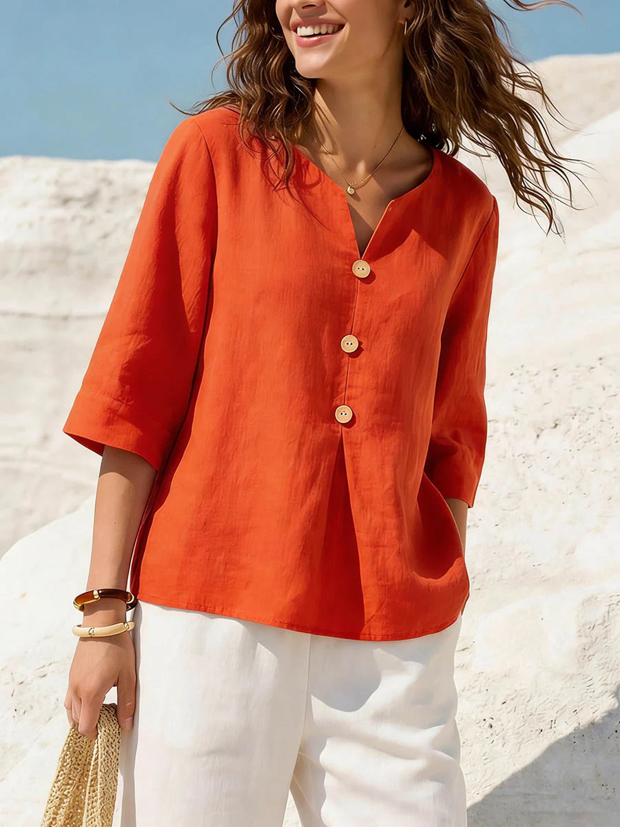 Women's Solid Color Cotton-Linen V-Neck Button T-Shirt Casual Loose Fit