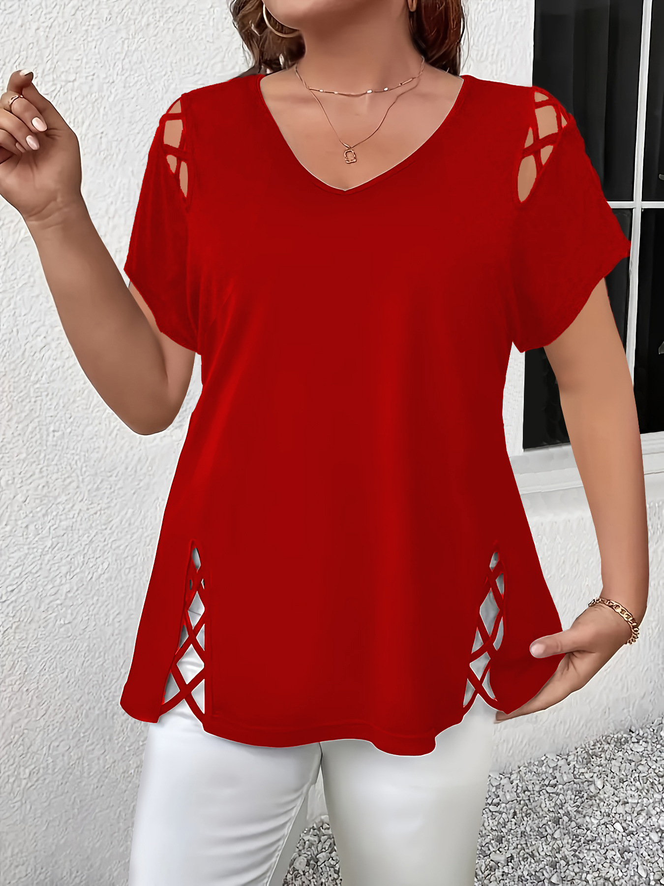 Women's Solid V-Neck Cross-Shoulder Short-Sleeve Loose T-Shirt