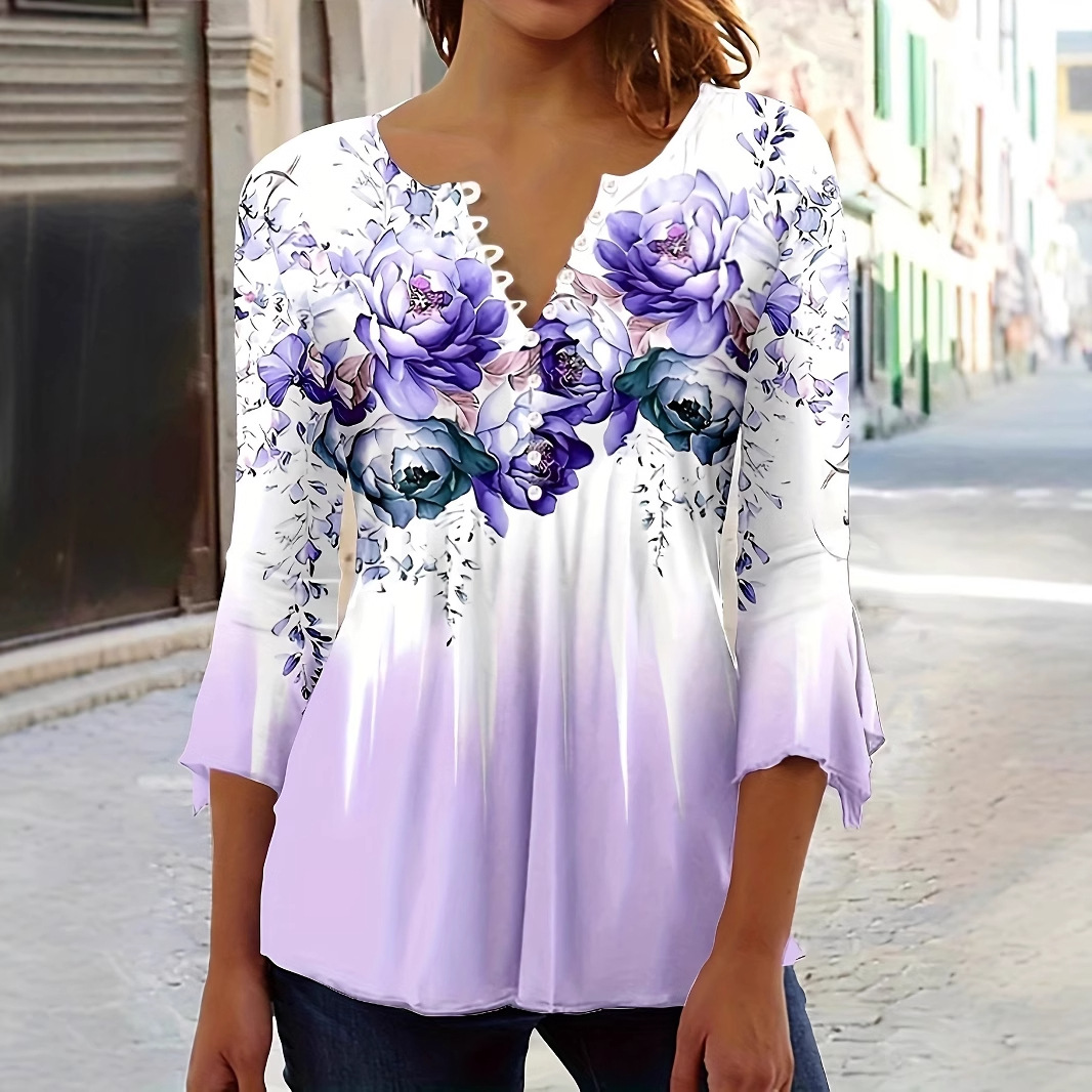 Women's V-Neck Button Floral Print Bell Sleeve Top