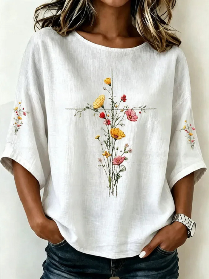 Women's Casual Crewneck 3D Floral Print Mid-Sleeve Top