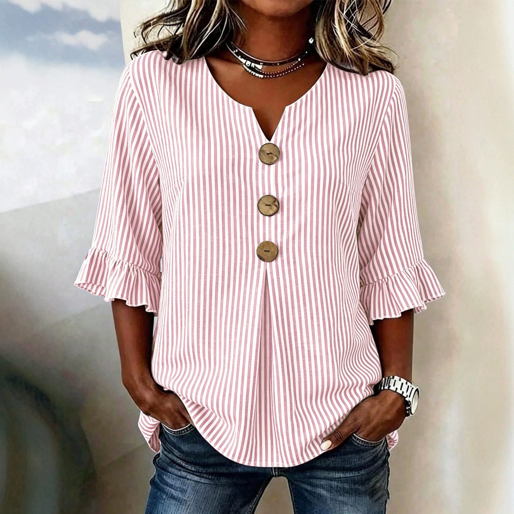 Women's V-Neck Striped Button Ruffle Half-Sleeve Blouse
