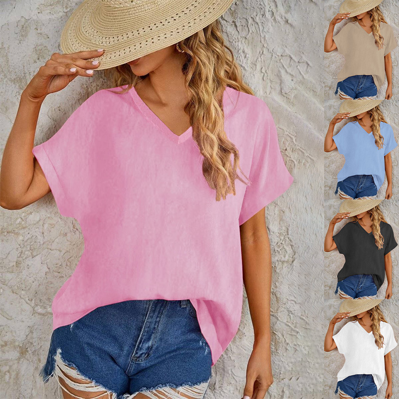 Women's Loose Casual Floral Print Cotton Linen Short Sleeve T-Shirt