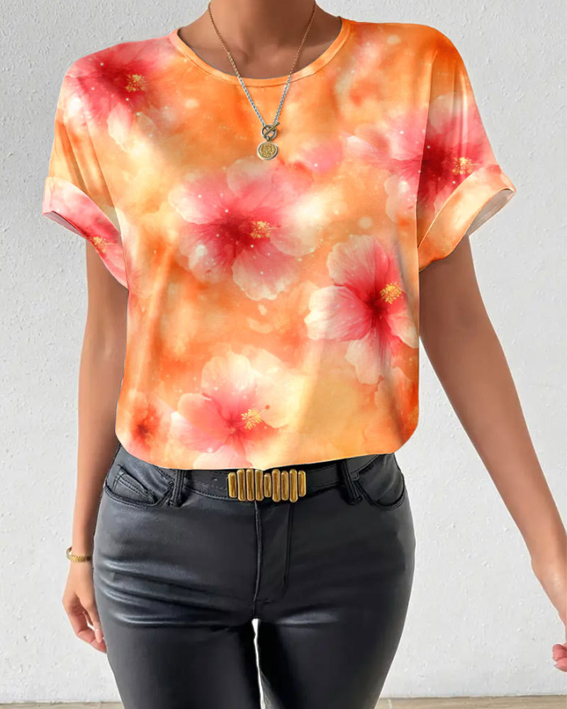 Tie-Dye Floral Crewneck Short-Sleeve Pullover Top