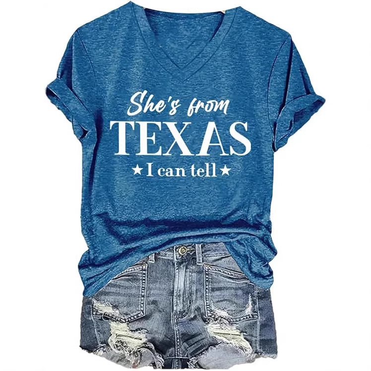 TEXAS Letter Print V-Neck Short Sleeve Women's T-Shirt