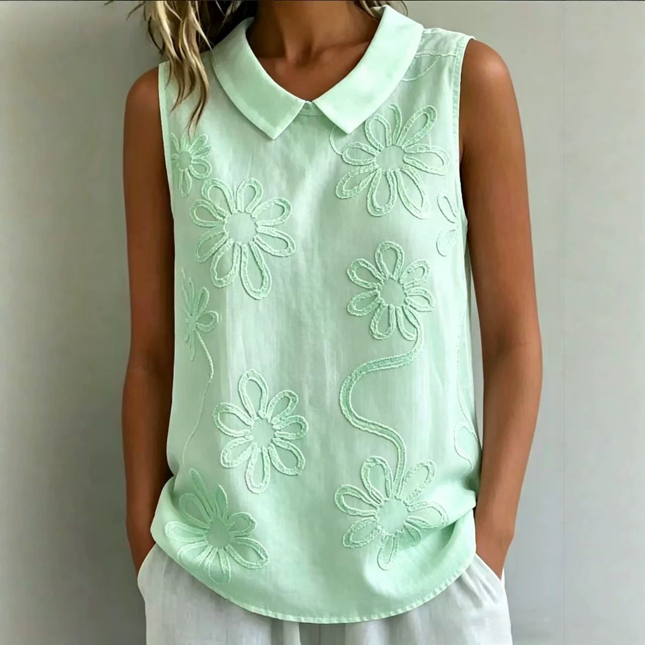 Floral Embroidered Sleeveless Tank Top Loose Fit