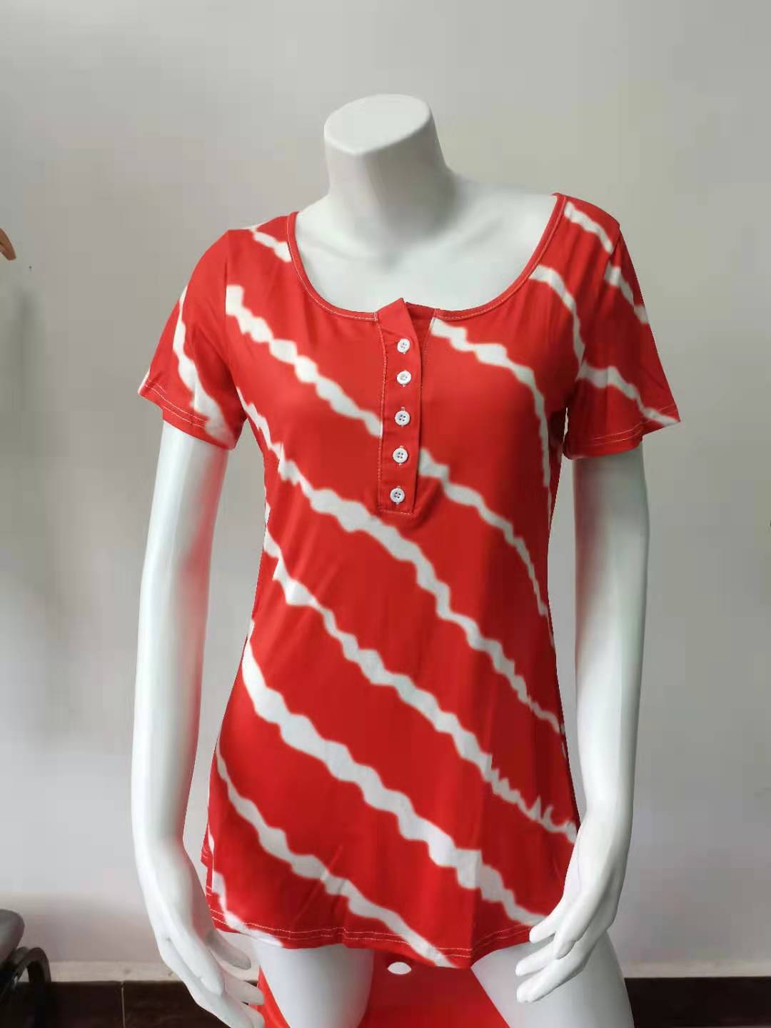 Striped Crewneck Button Short-Sleeve T-Shirt