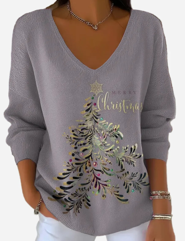 Women's V-Neck Long Sleeve Book & Christmas Tree Print T-Shirt