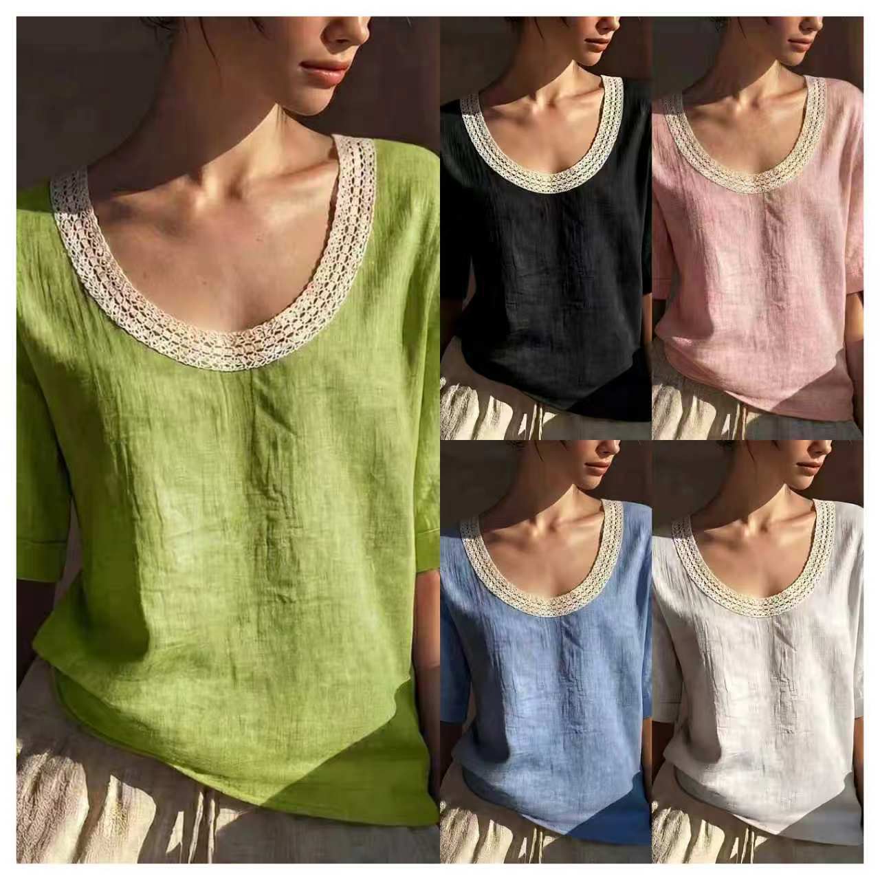 Women's Vintage Short Sleeve Lace U-Neck Tank Top
