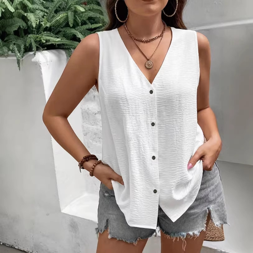 Women's Loose Sleeveless V-Neck Solid Casual Shirt