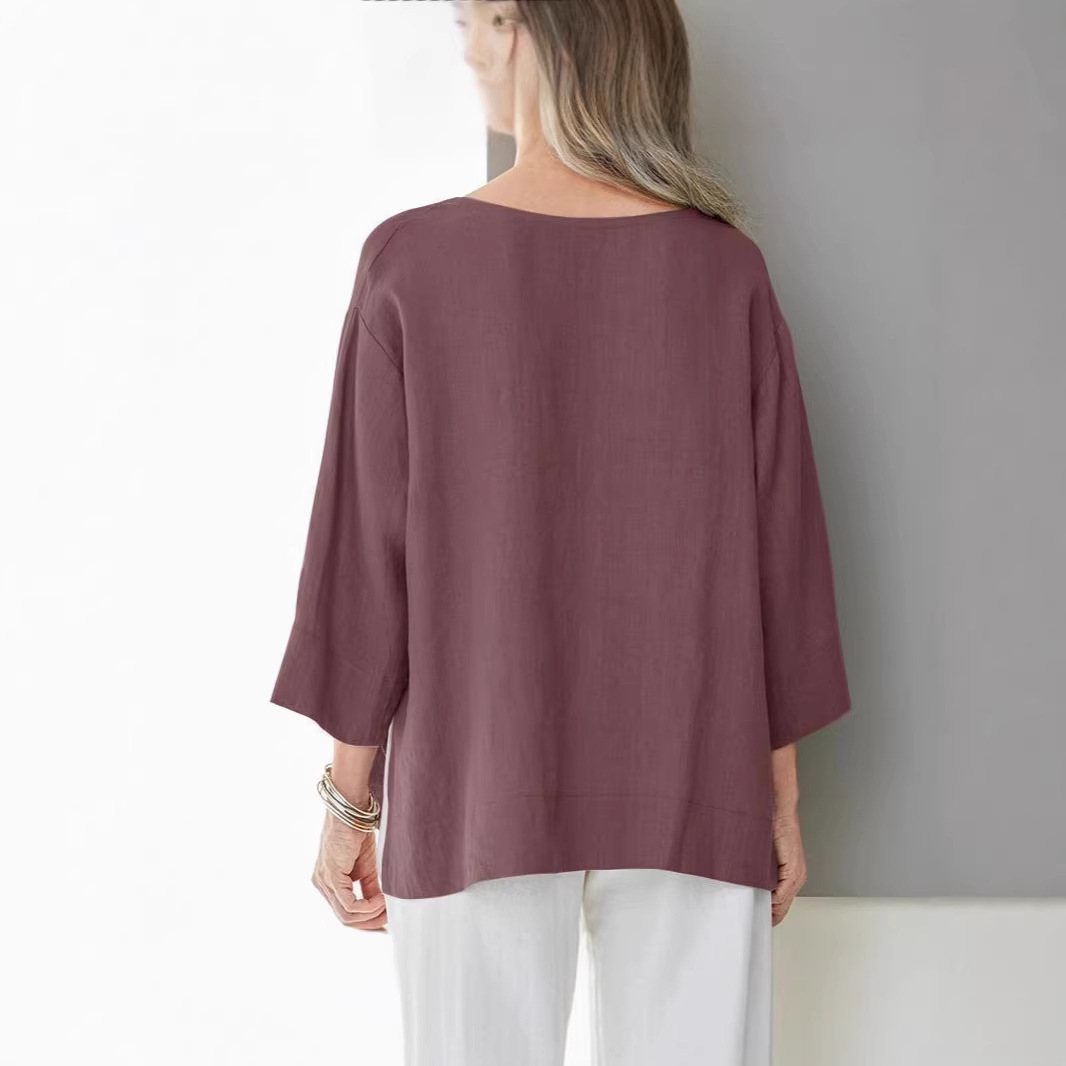 Women's V-Neck Cotton-Linen Shirt Top 3/4 Sleeve Side Slit Loose Plus Size