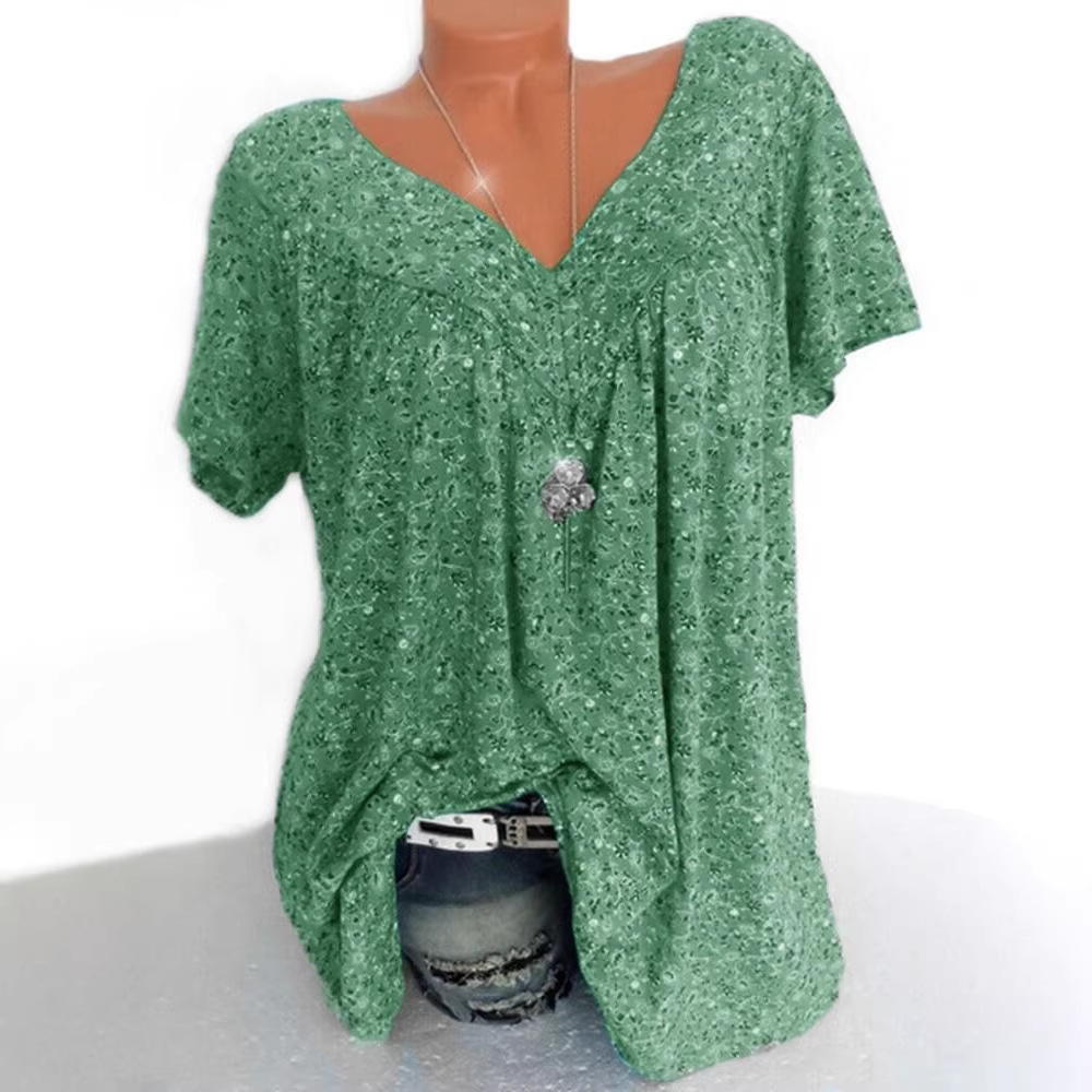 V-Neck Loose Short Sleeve Printed T-Shirt