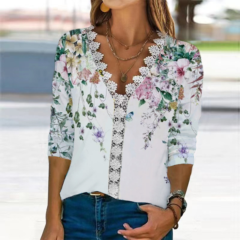 Lace V-Neck Digital Print Long-Sleeve Loose Top