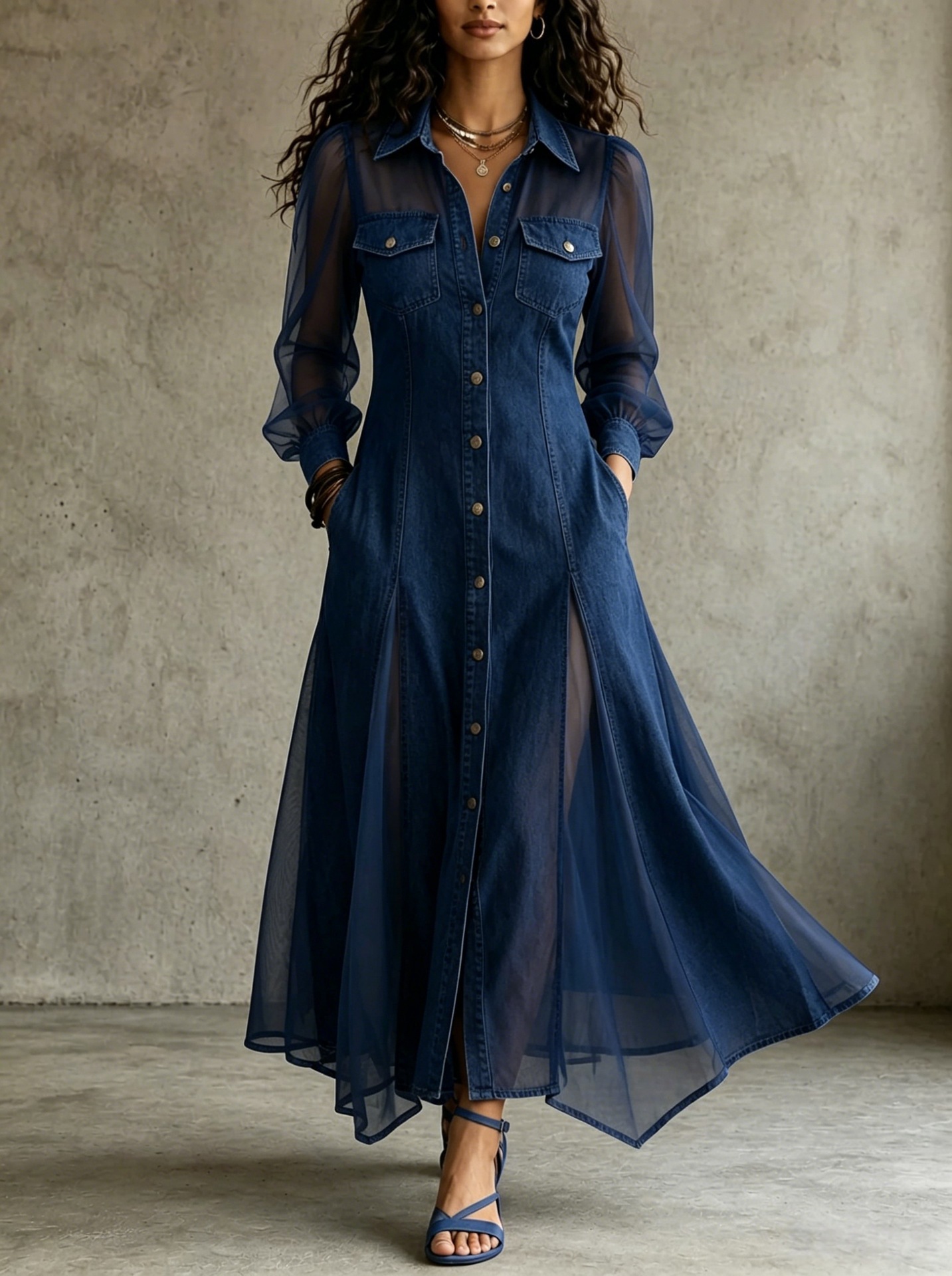 Casual Loose Faux Denim Spliced Chiffon Collared Long Sleeve Dress