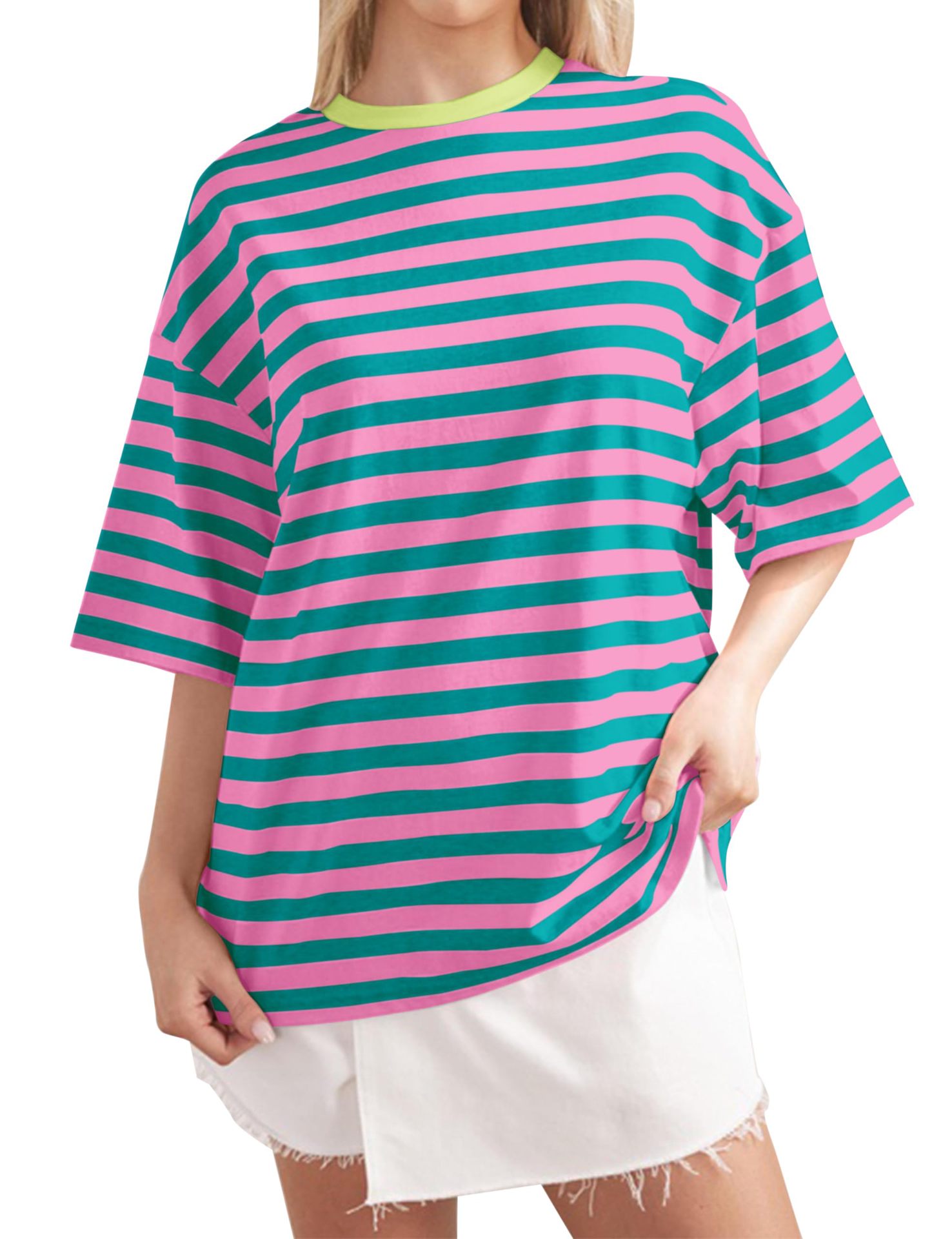 Striped Print Crewneck Half-Sleeve T-Shirt Casual Loose Fit