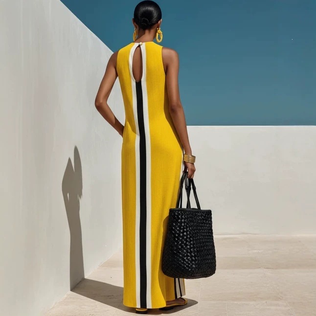 Women's Color-Block Vertical Striped Sleeveless Dress with Pockets