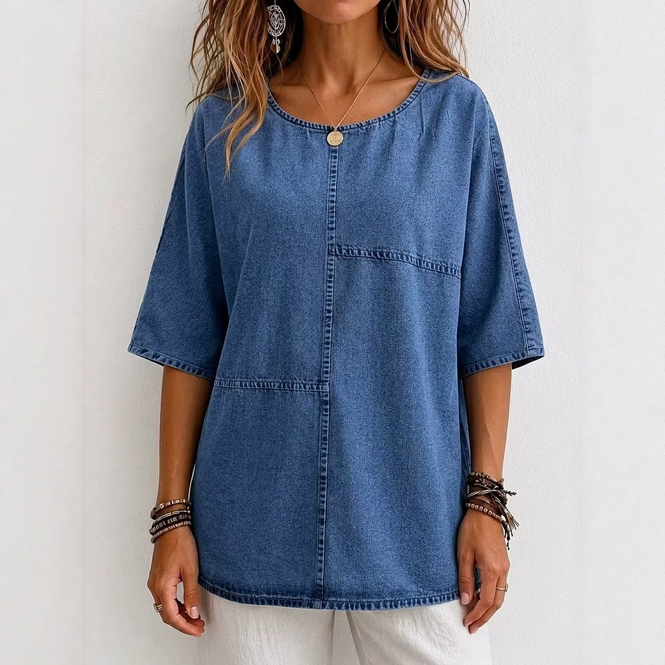 Women's Mid-Sleeve Patchwork Denim Top Casual T-Shirt
