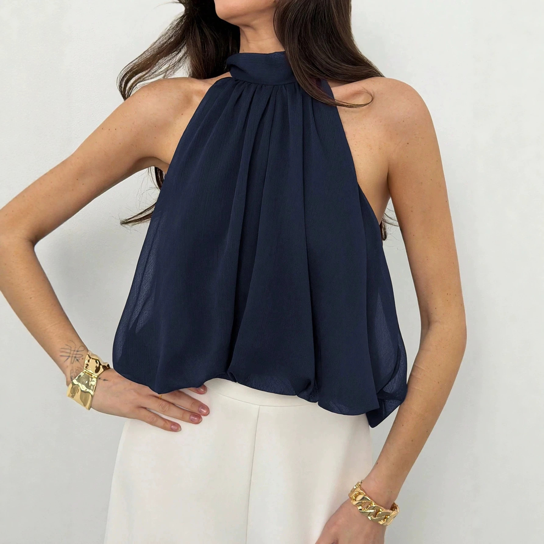 Sleeveless Chiffon Halter Tie-Back Solid Top