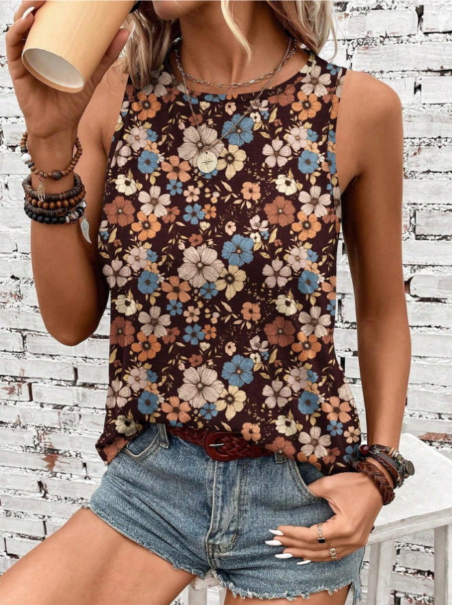 Women's Floral Print Sleeveless Tank Top Round Neck Loose Casual Summer Tee