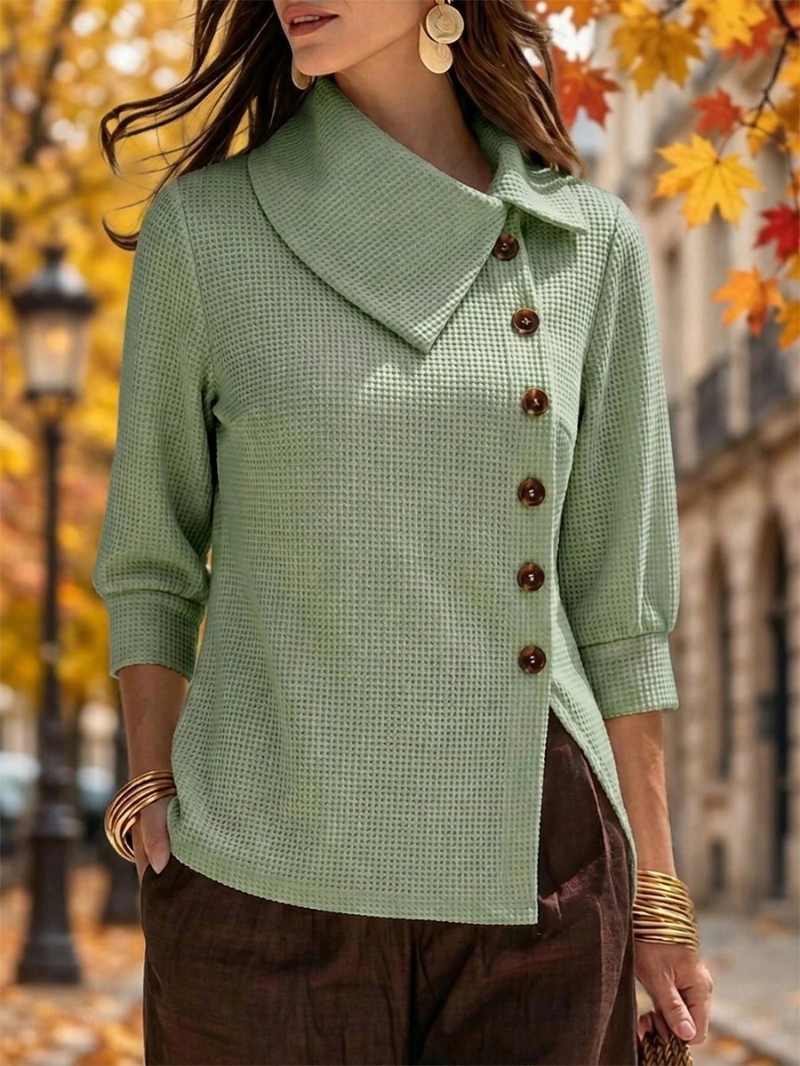Waffle Knit Collared Asymmetric Button 3/4 Sleeve Loose Women's Top
