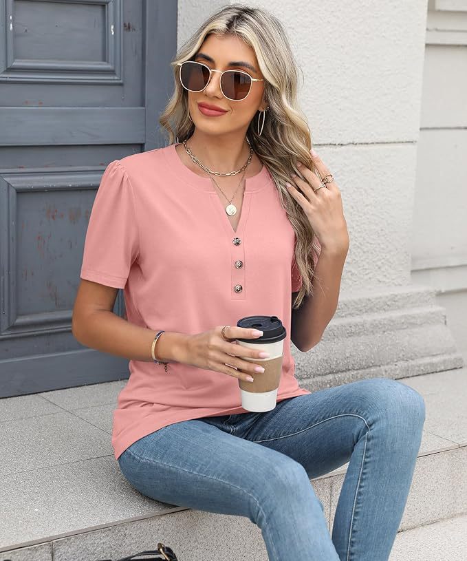 V-Neck Button-Down Short Sleeve Solid Shirt