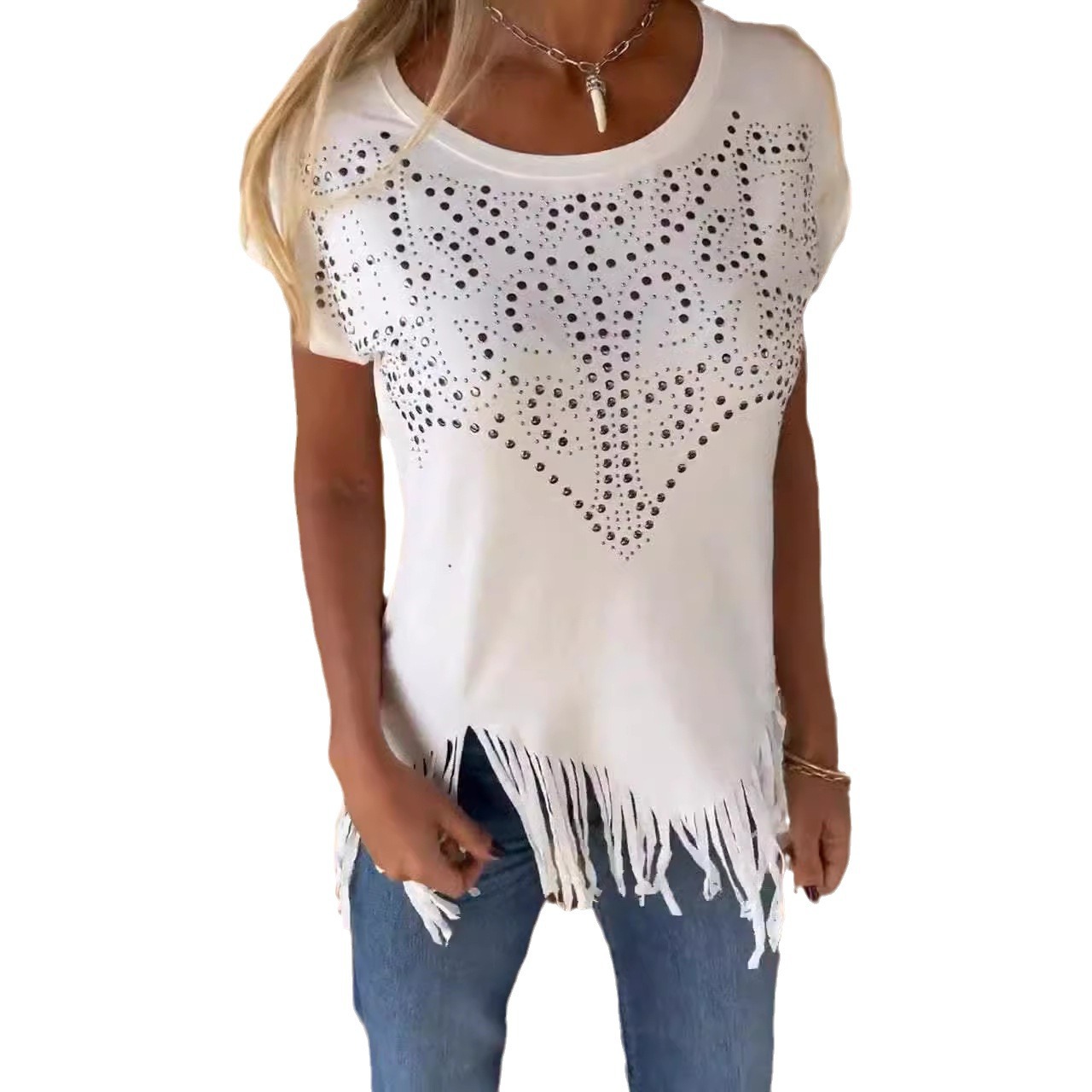 Crewneck Short-Sleeve T-Shirt with Heat-Transfer Print, Solid Color Casual Top